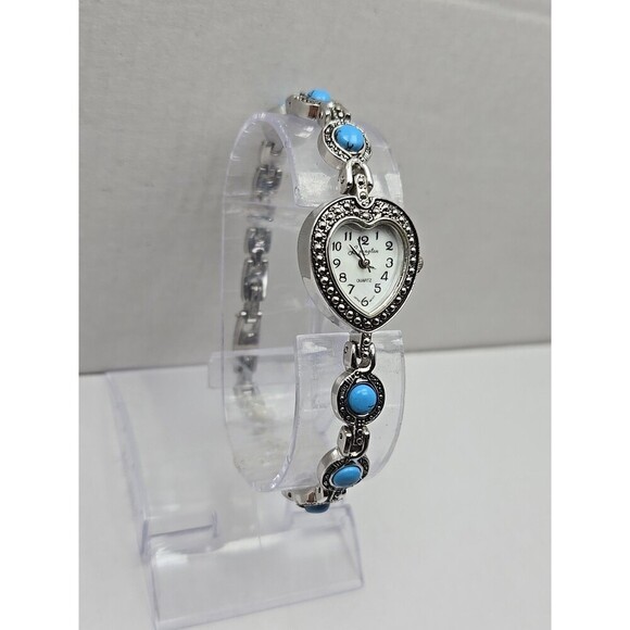 Lexington Quartz Heart Watch Silver Tone Turquoise Cabochon Bracelet New Battery - Picture 3 of 9